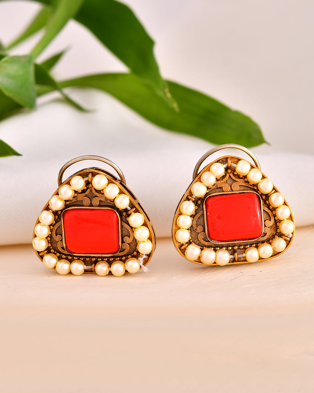 Red Stone Triangle Earrings with Pearl Frame