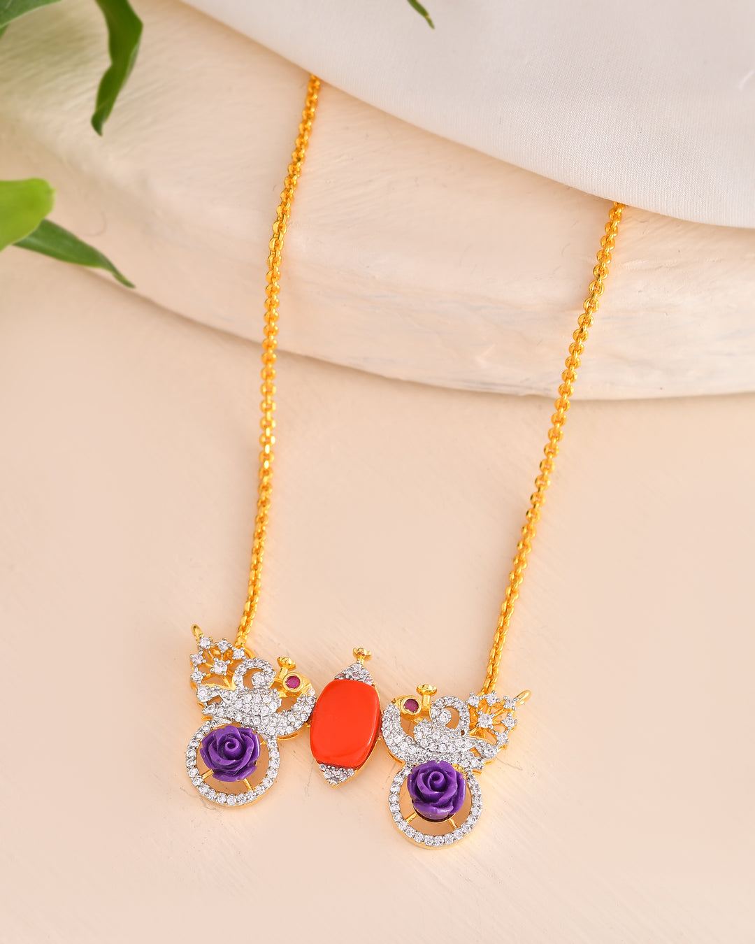 Twin Peacock Pendant Necklace with Enamel Roses