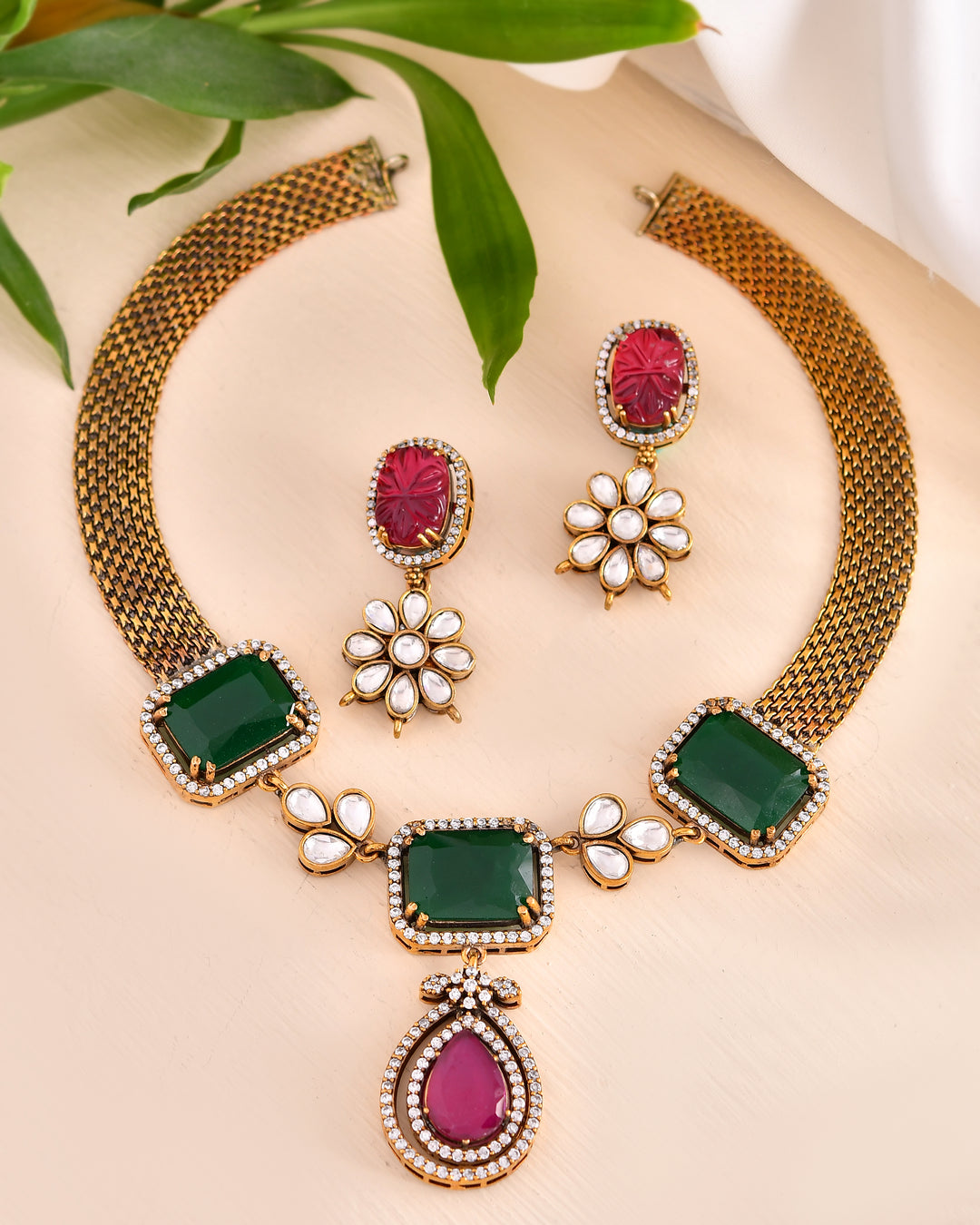 Green and Pink Stone Necklace Set for Women