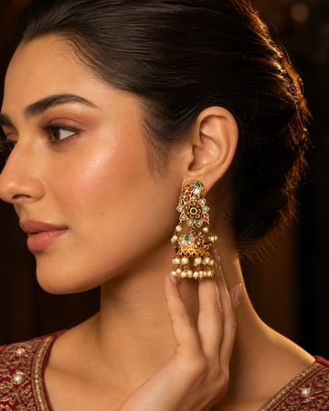 Antique Temple Jhumkas with Kundan and Pearls