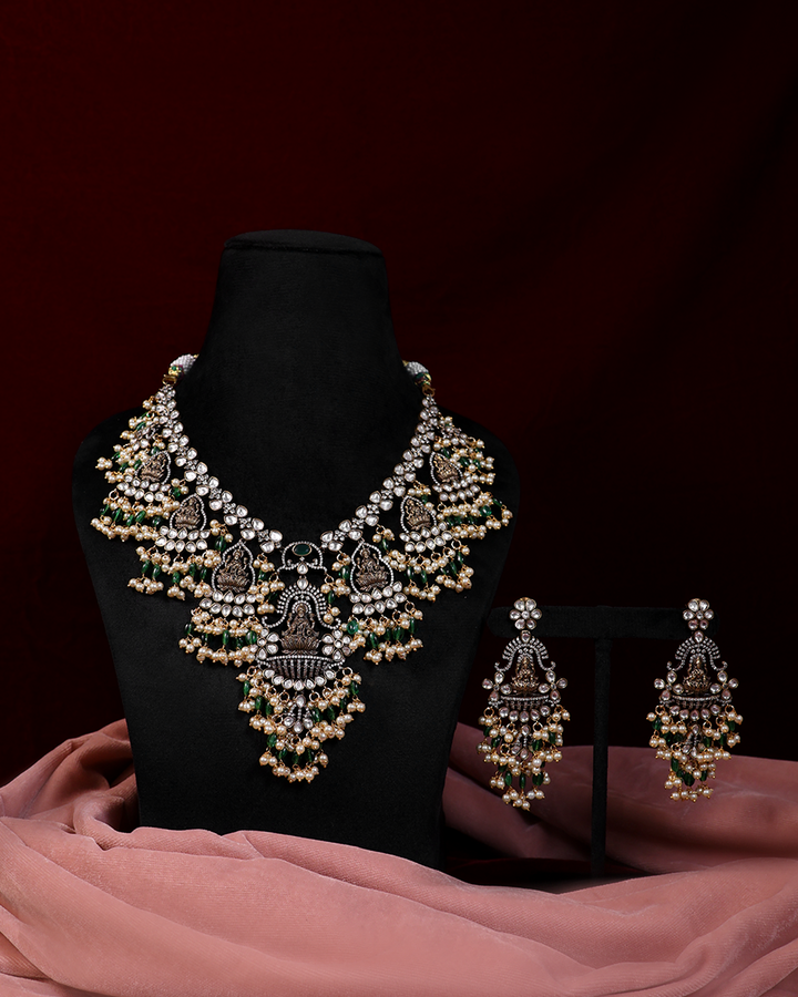 Oxidised Green & Pearl Goddess Necklace Set in Dual-Tone Finish
