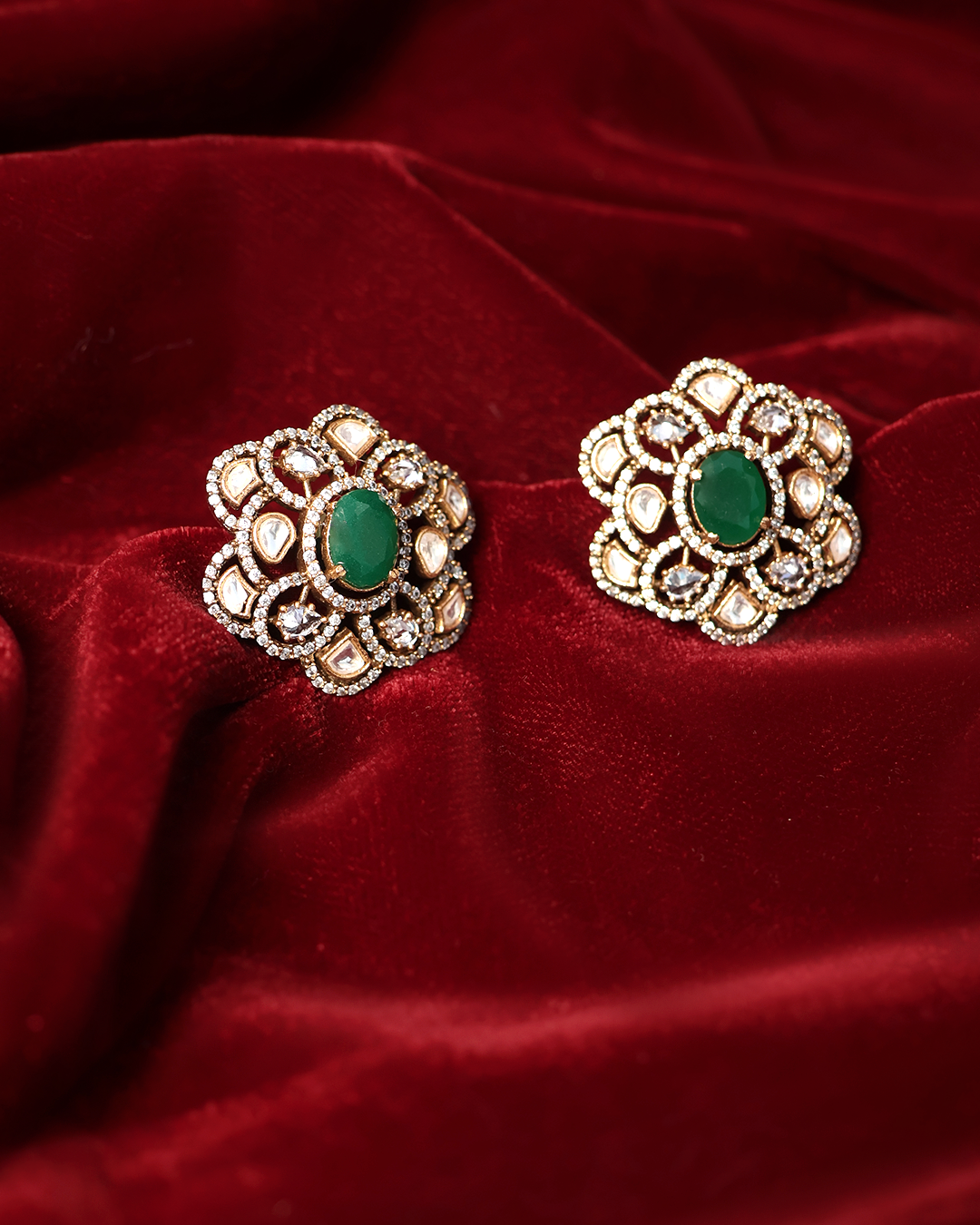 Green Stone Floral Studs with Kundan Halo