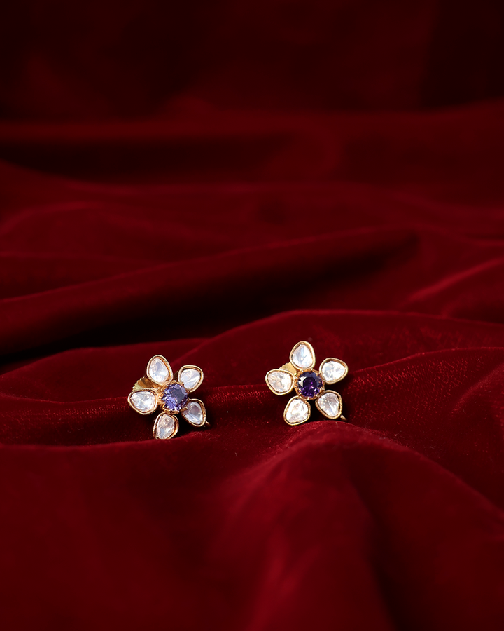 Violet Stone Floral Stud Earrings in Gold