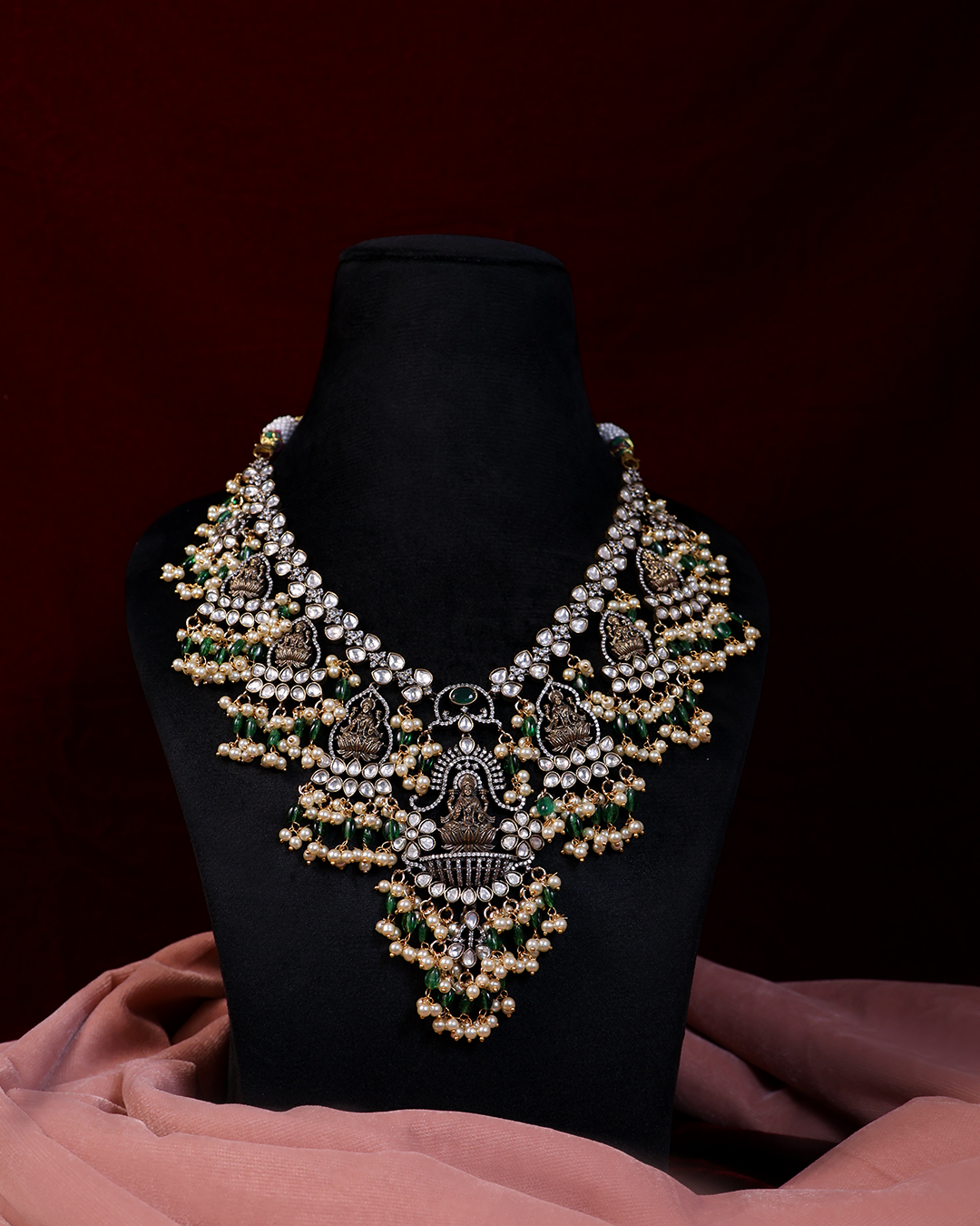 Oxidised Green & Pearl Goddess Necklace Set in Dual-Tone Finish