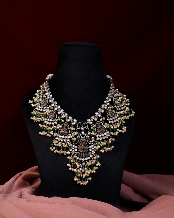 Oxidised Green & Pearl Goddess Necklace Set in Dual-Tone Finish