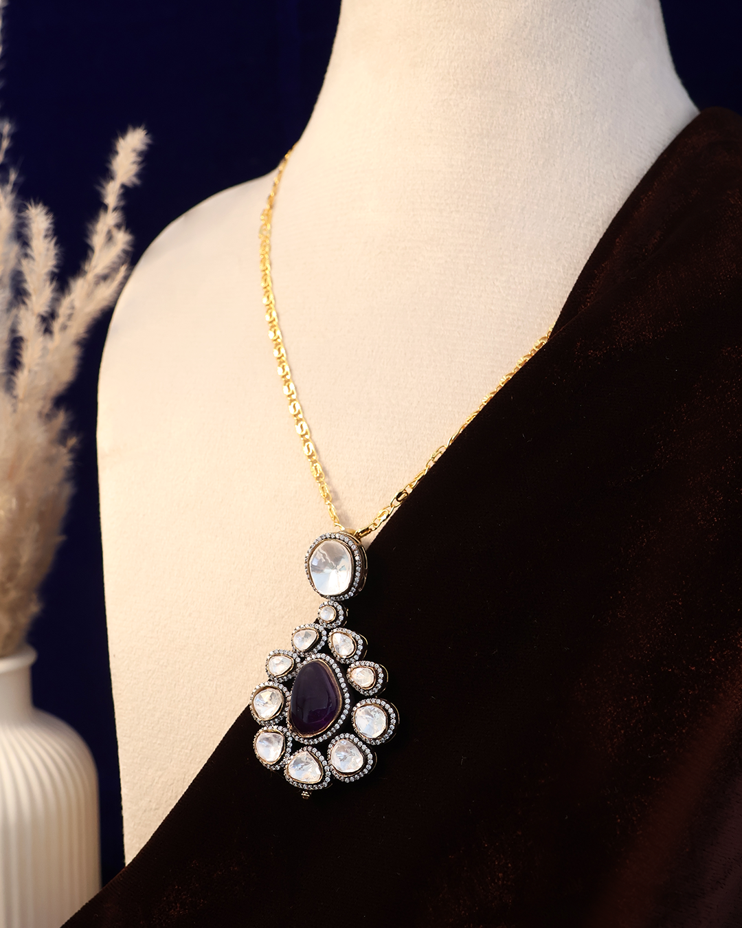 Royal Purple Drop Necklace with Mirror Accents