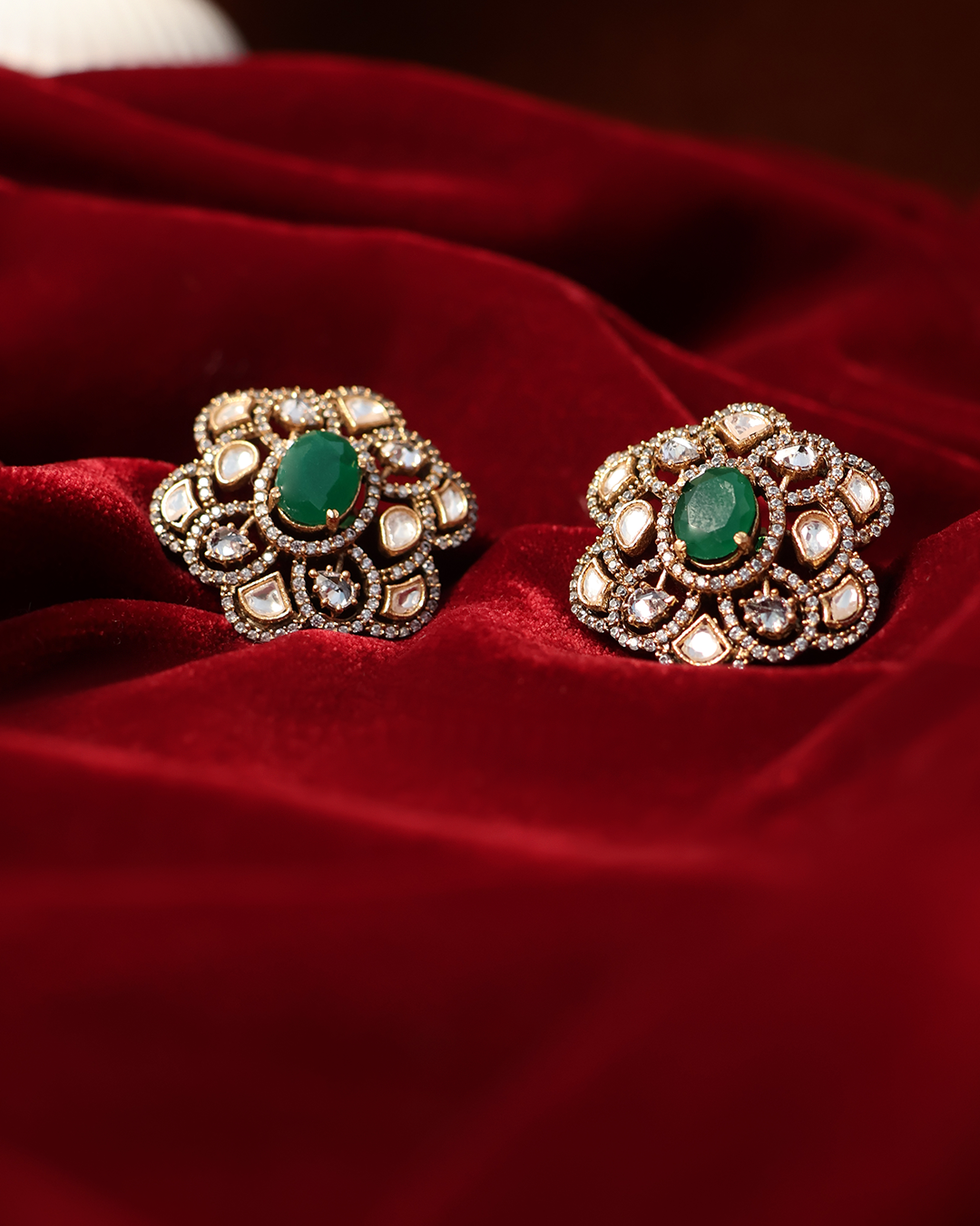 Green Stone Floral Studs with Kundan Halo