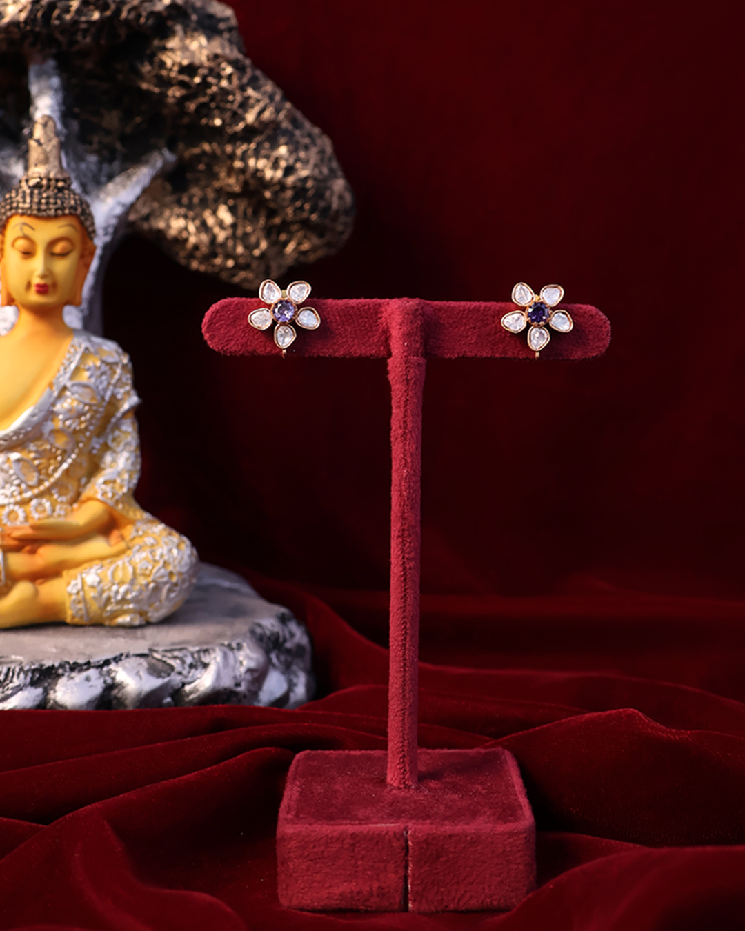 Violet Stone Floral Stud Earrings in Gold