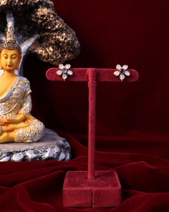 Violet Stone Floral Stud Earrings in Gold