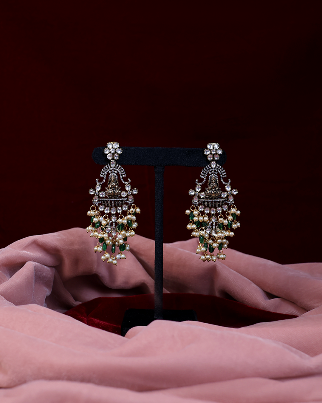 Oxidised Green & Pearl Goddess Necklace Set in Dual-Tone Finish