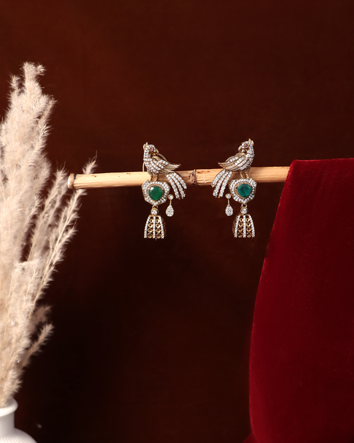 Emerald Drop Bird Earrings with Antique Gold Finish