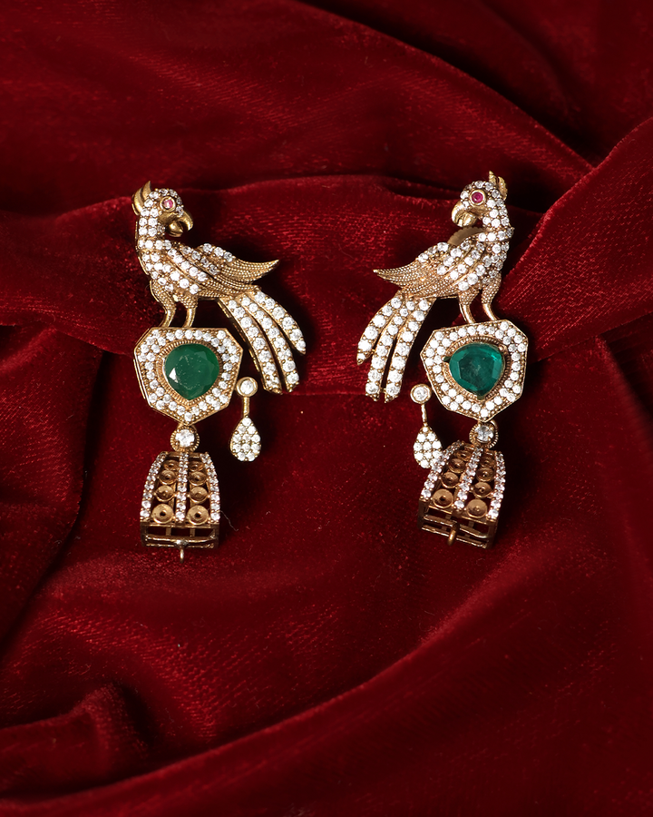Emerald Drop Bird Earrings with Antique Gold Finish