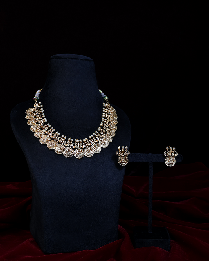 Antique Gold Temple Necklace Set with Lakshmi Motifs