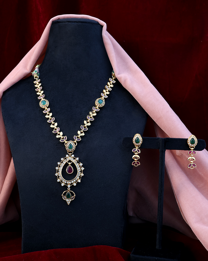 Delicate Emerald & Ruby Drop Set with Kundan Motifs