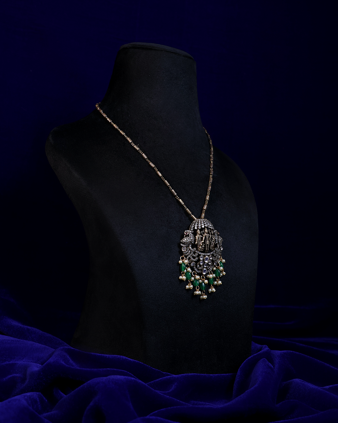 Antique Temple Necklace with Emerald Bead Drops