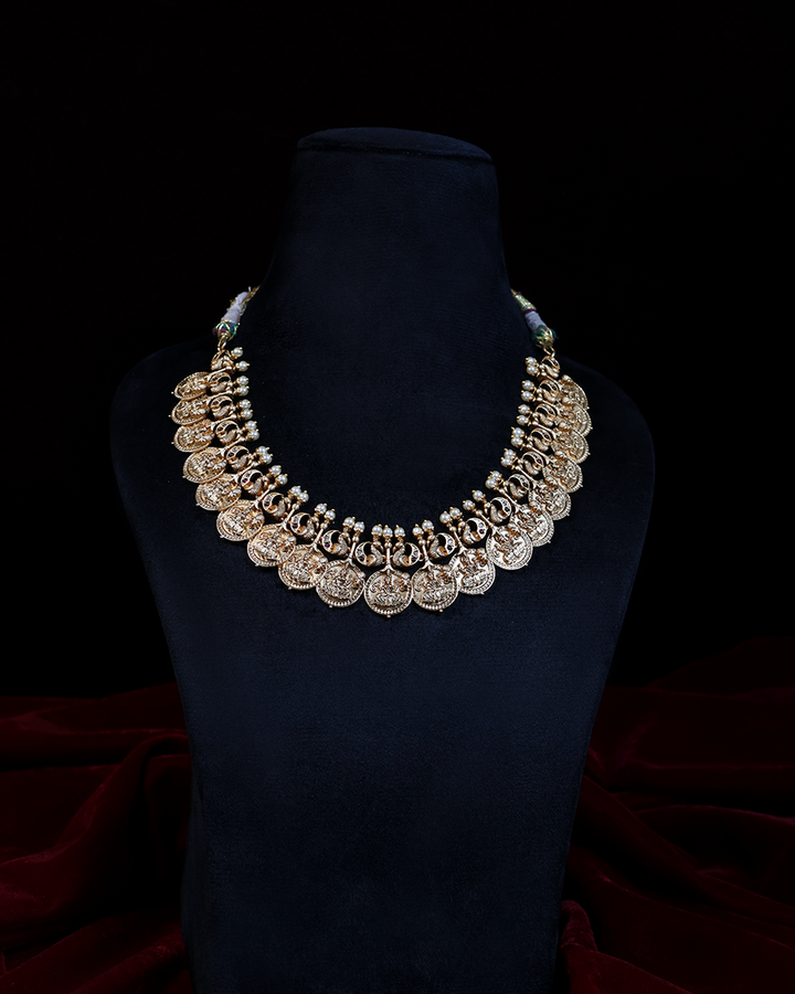 Antique Gold Temple Necklace Set with Lakshmi Motifs