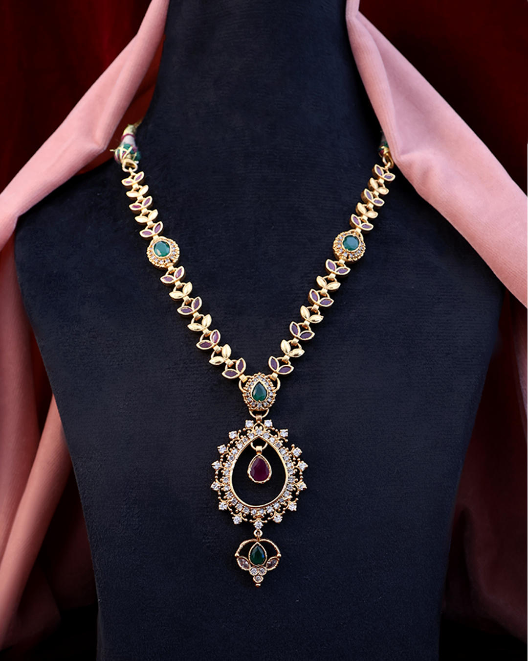 Delicate Emerald & Ruby Drop Set with Kundan Motifs