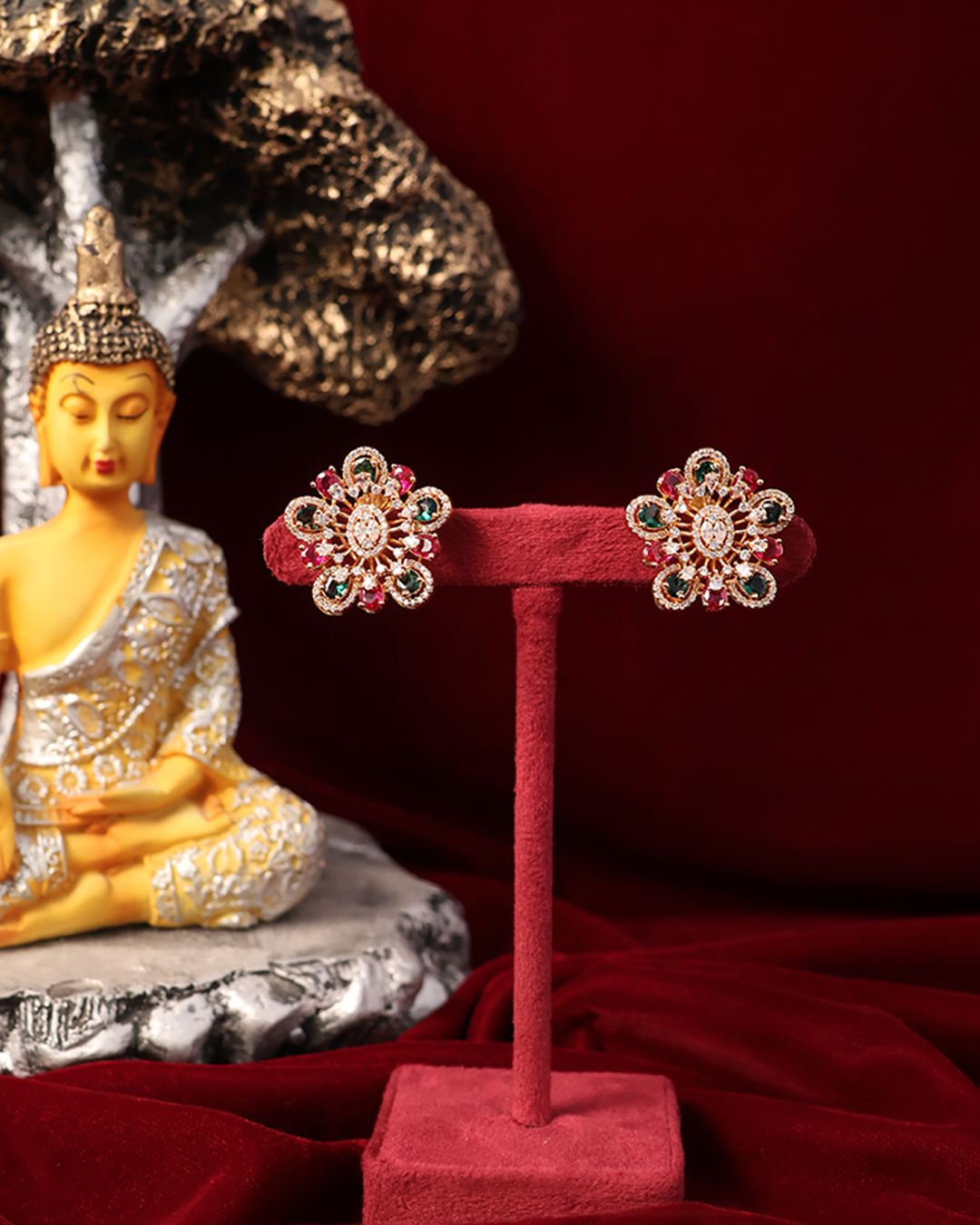 Emerald and Ruby Floral Studs with Gold Finish