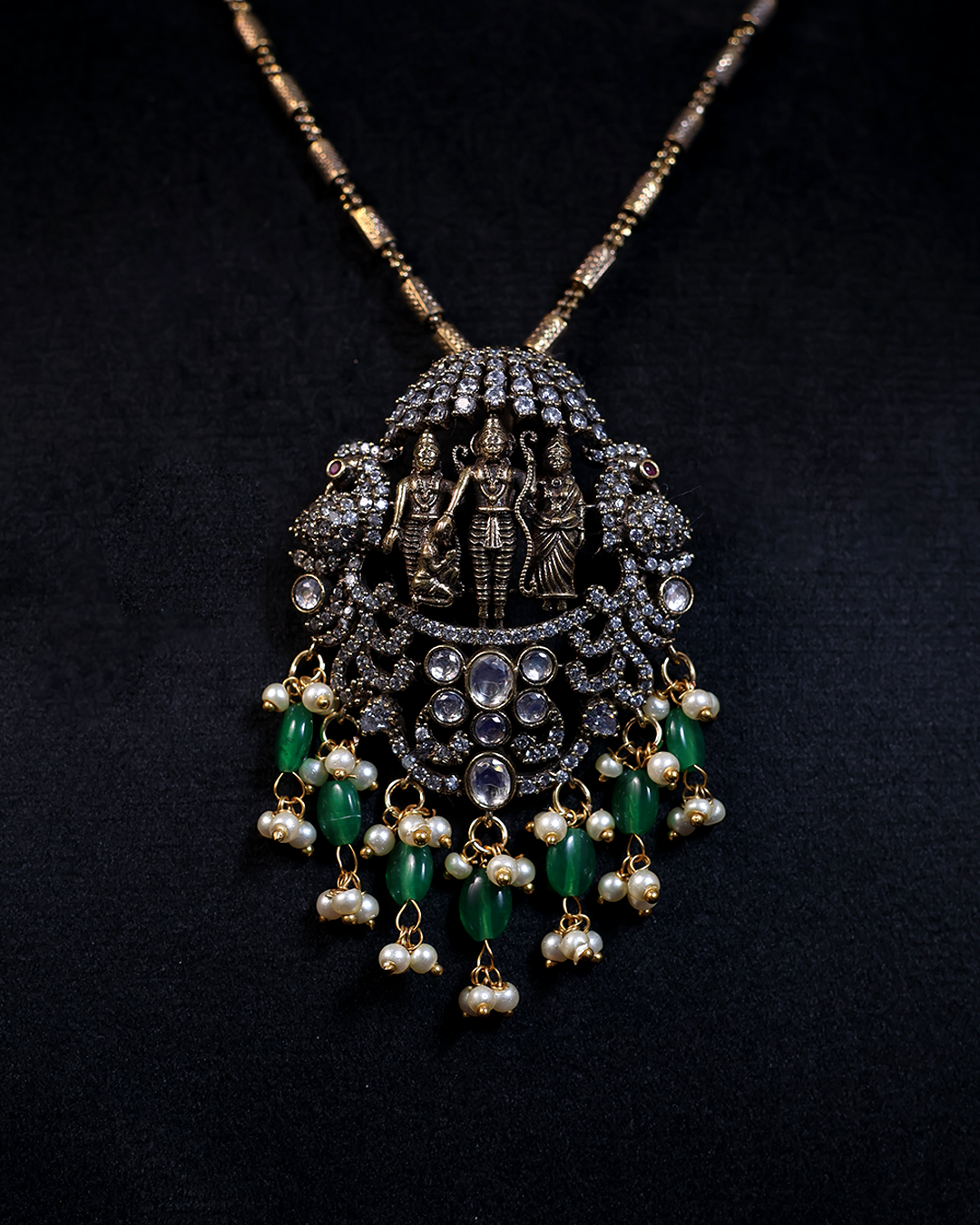 Antique Temple Necklace with Emerald Bead Drops
