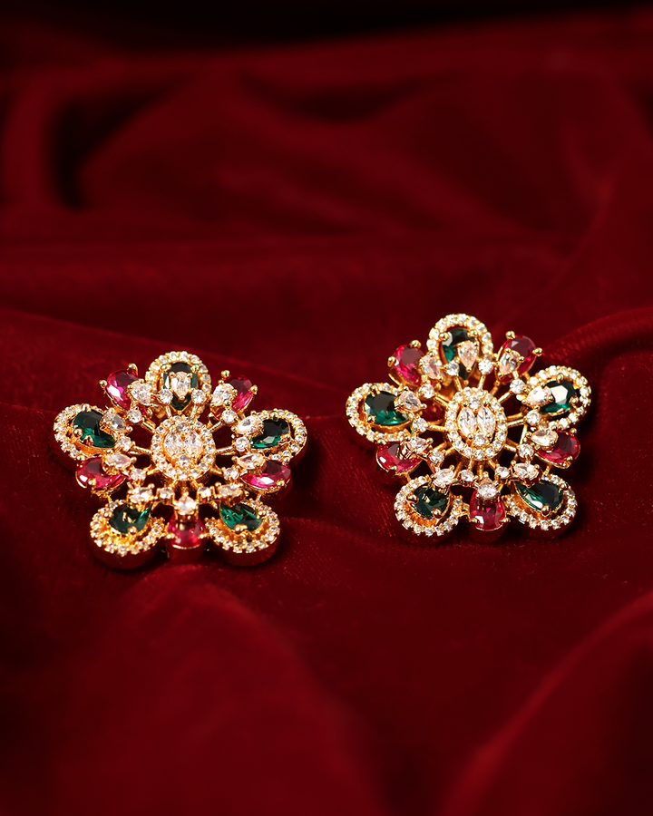Emerald and Ruby Floral Studs with Gold Finish