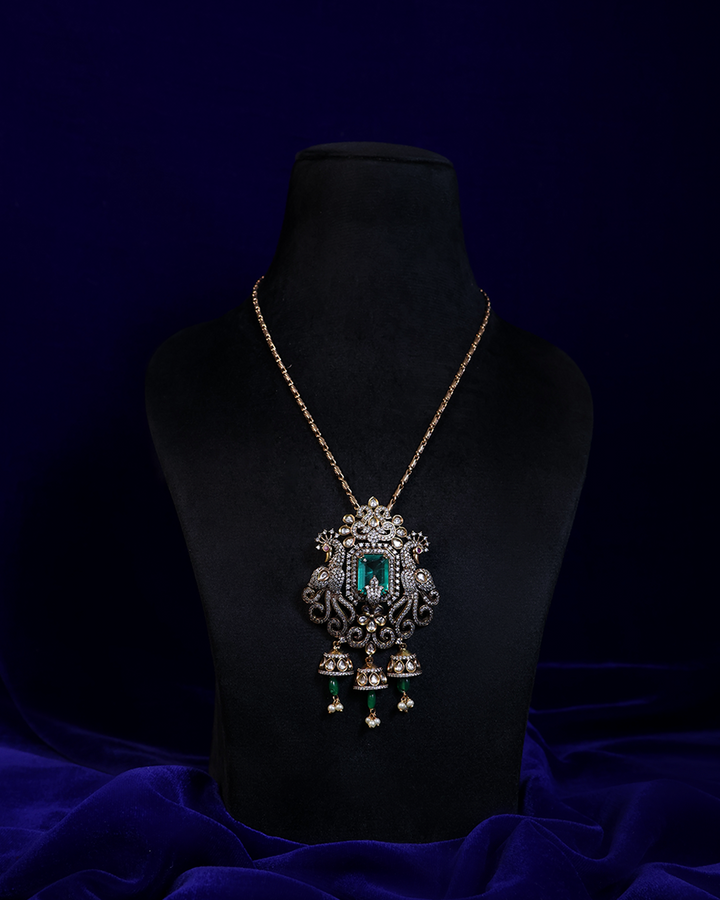 Emerald Green Peacock Necklace with Jhumka Drops