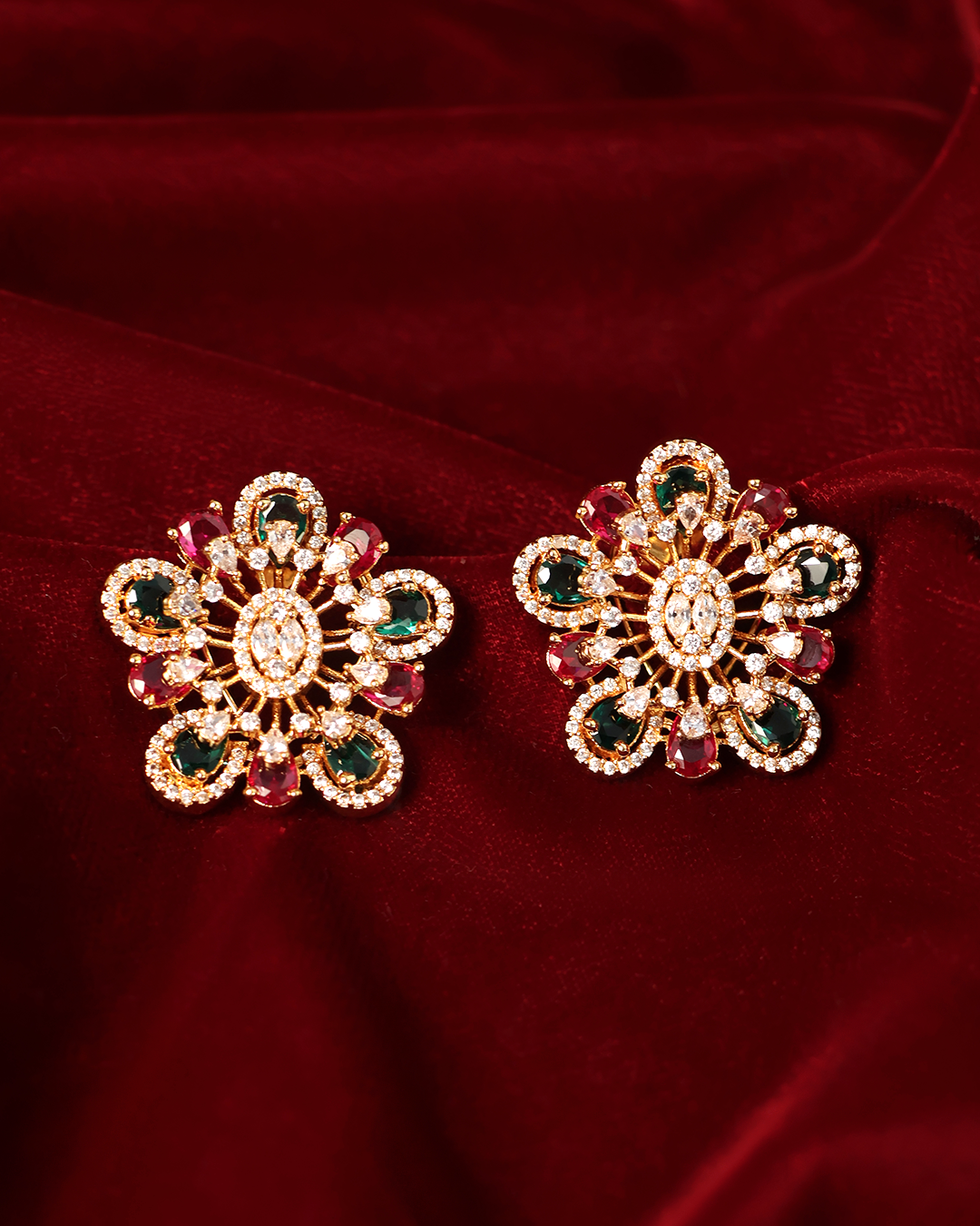 Emerald and Ruby Floral Studs with Gold Finish