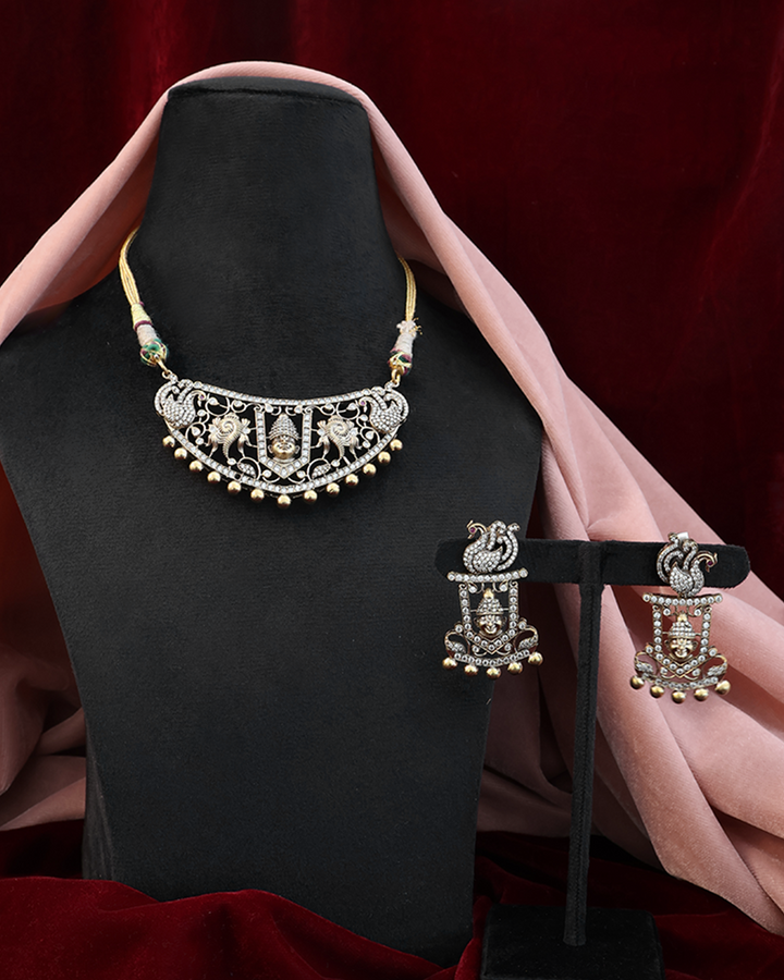 Antique Silver Thread Necklace Set with Golden Drop Detailing