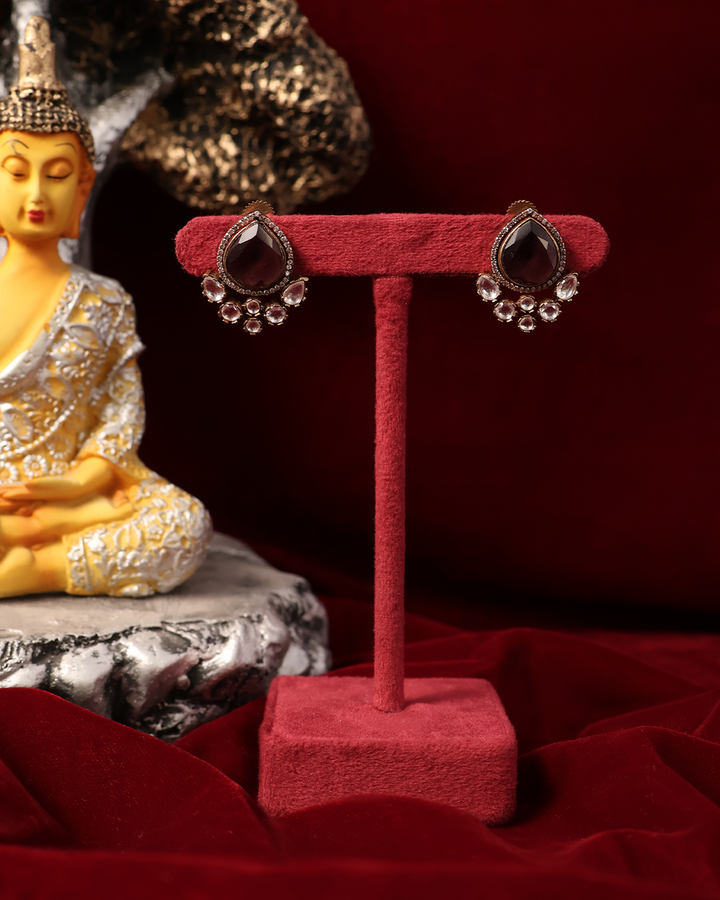 Deep Maroon Teardrop Studs with Polki Glow