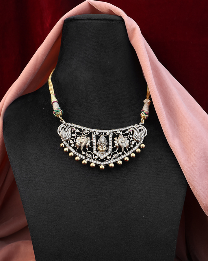 Antique Silver Thread Necklace Set with Golden Drop Detailing