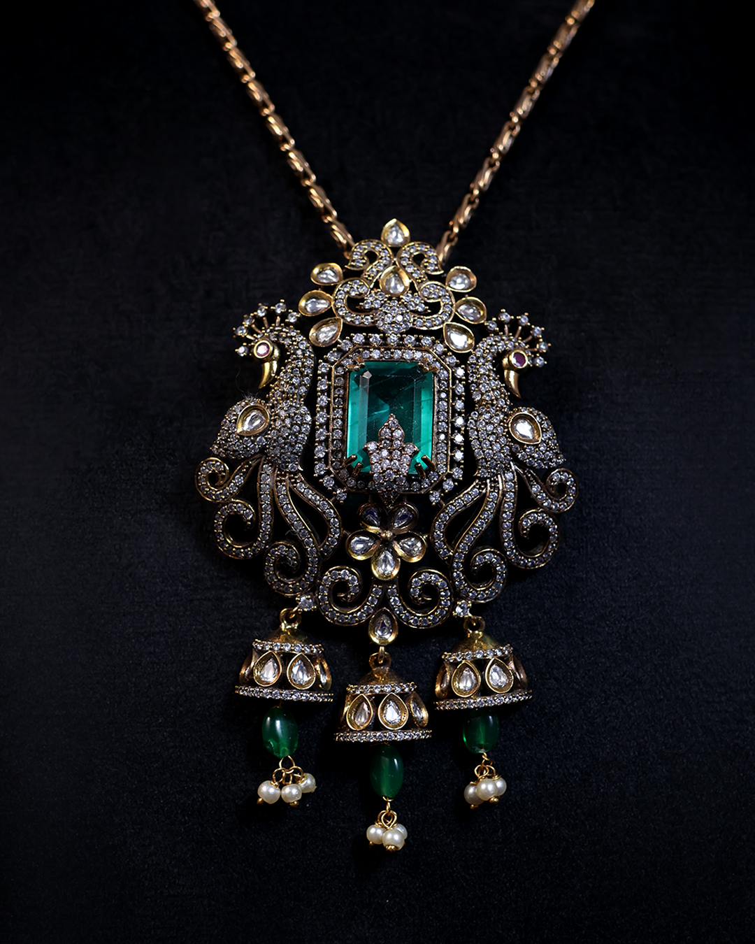 Emerald Green Peacock Necklace with Jhumka Drops