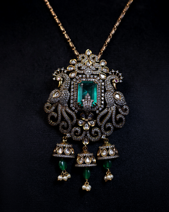 Emerald Green Peacock Necklace with Jhumka Drops
