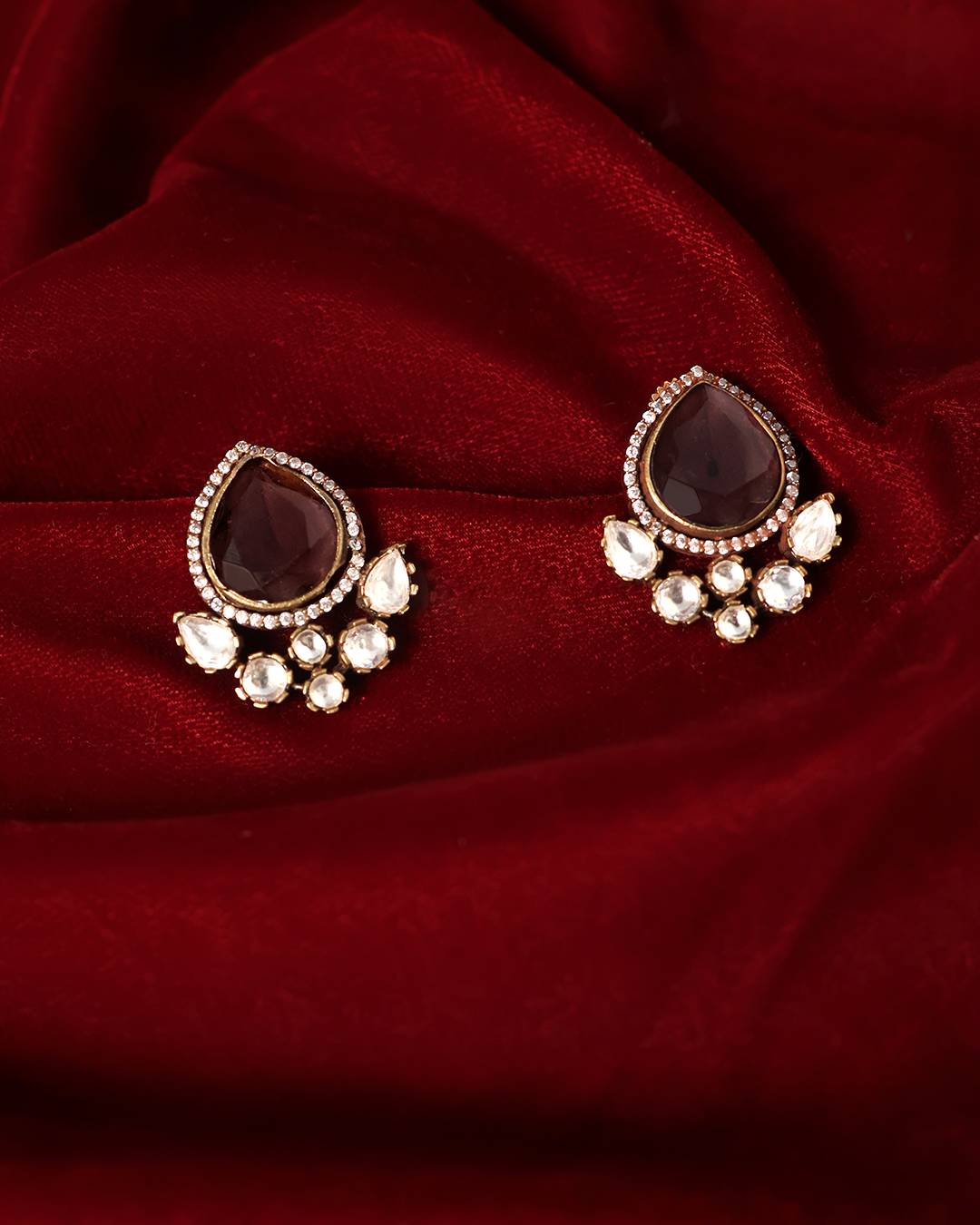 Deep Maroon Teardrop Studs with Polki Glow
