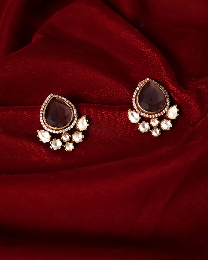 Deep Maroon Teardrop Studs with Polki Glow