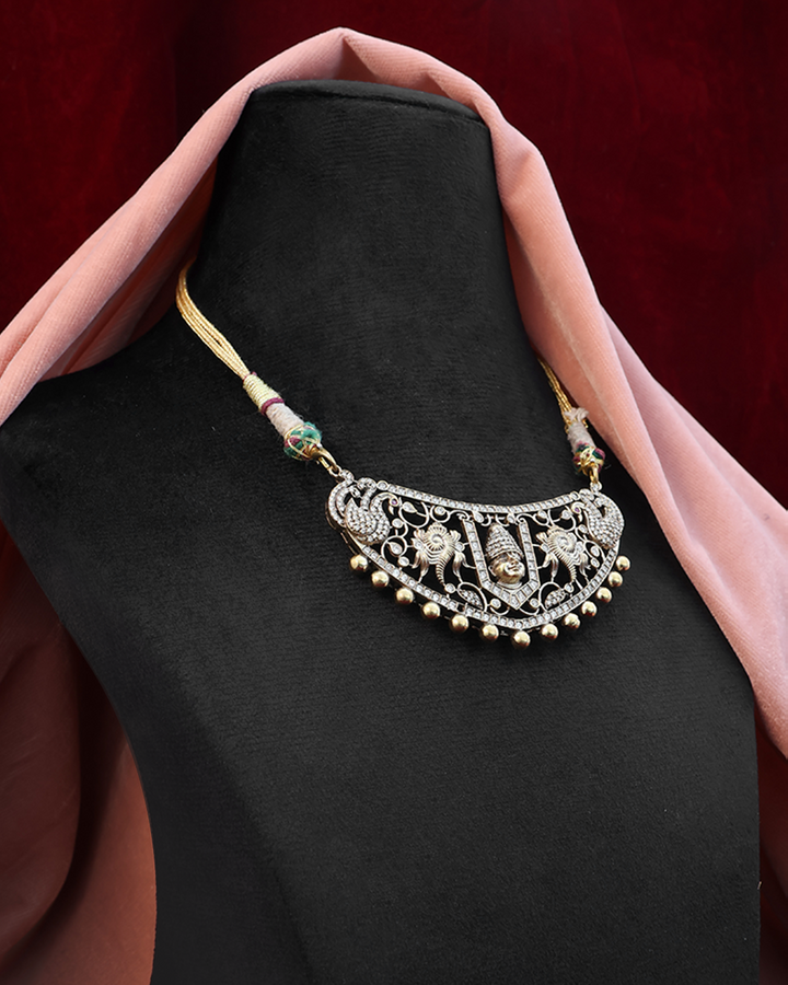 Antique Silver Thread Necklace Set with Golden Drop Detailing