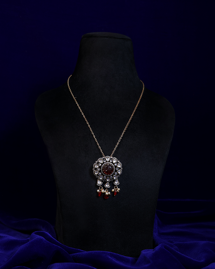 Antique Ruby Floral Necklace with Pearl Drops