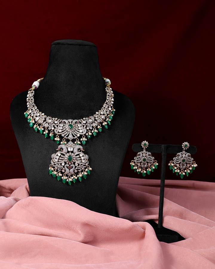 Emerald Stone Necklace Set with Double Peacock Design