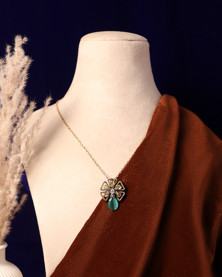 Floral Cutwork Necklace with Aqua Blue Drop