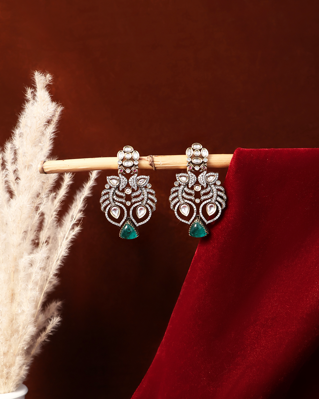 Emerald Drop Studs with Kundan Leaf Motifs