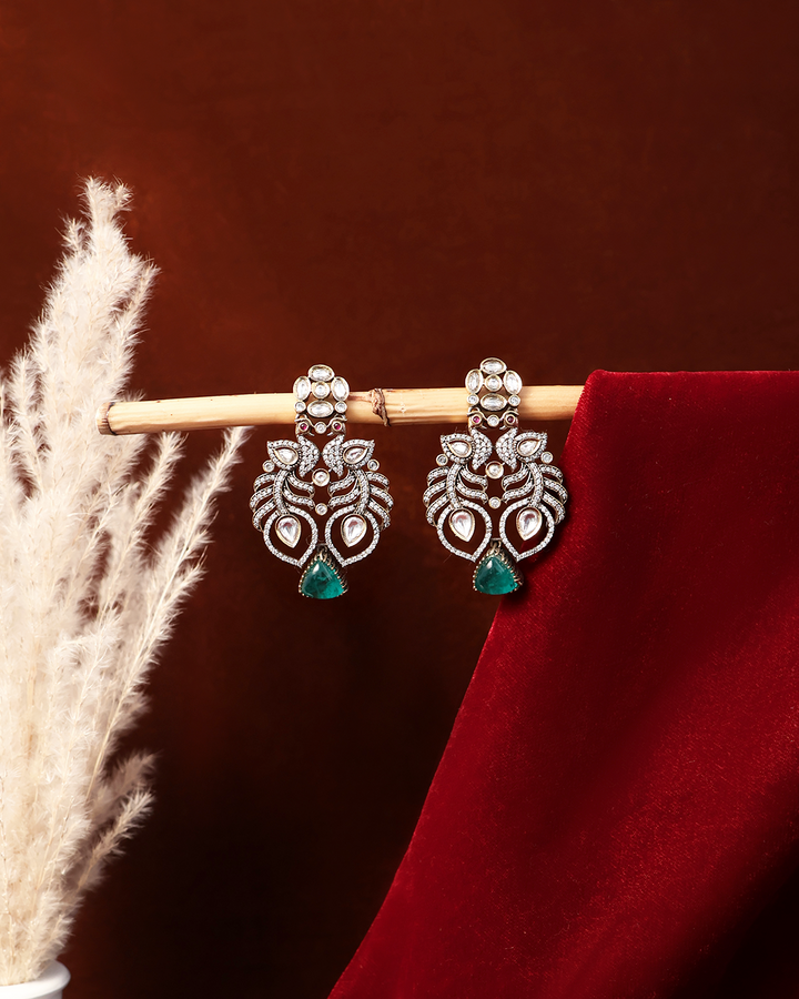 Emerald Drop Studs with Kundan Leaf Motifs
