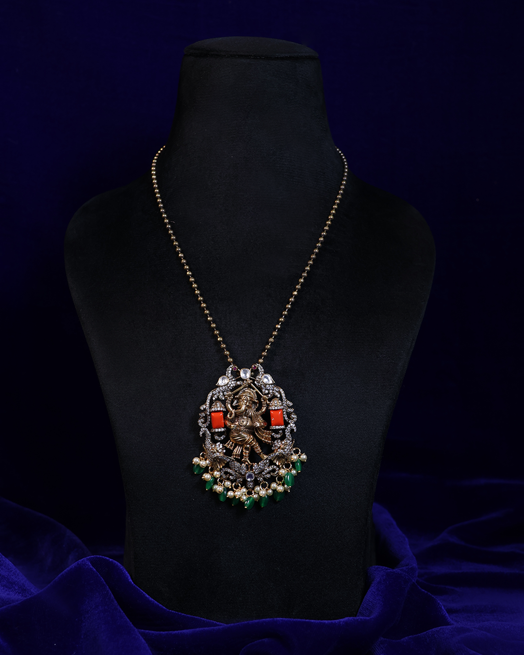 Lord Ganesha Antique Necklace with Coral Accents & Green Drops