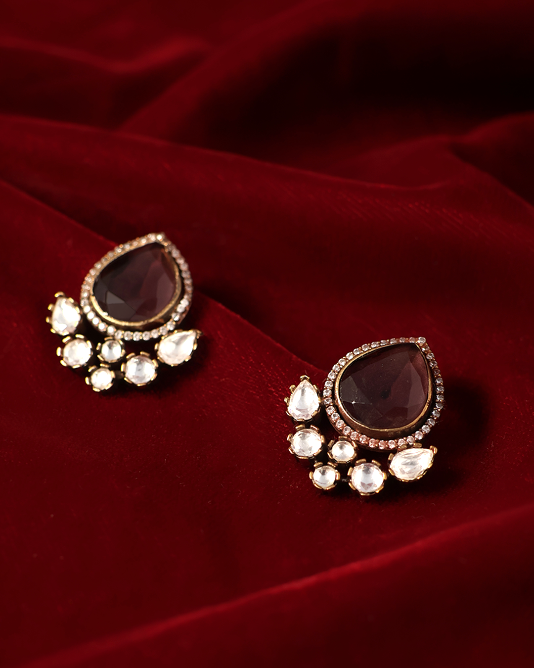 Deep Maroon Teardrop Studs with Polki Glow