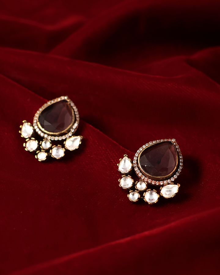 Deep Maroon Teardrop Studs with Polki Glow