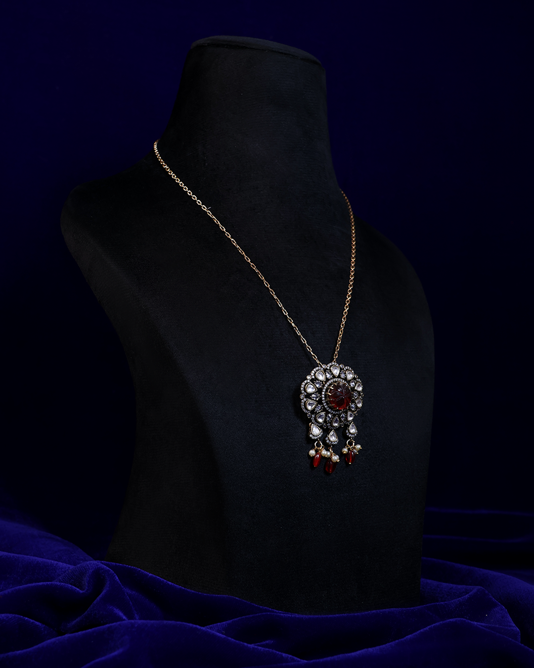 Antique Ruby Floral Necklace with Pearl Drops
