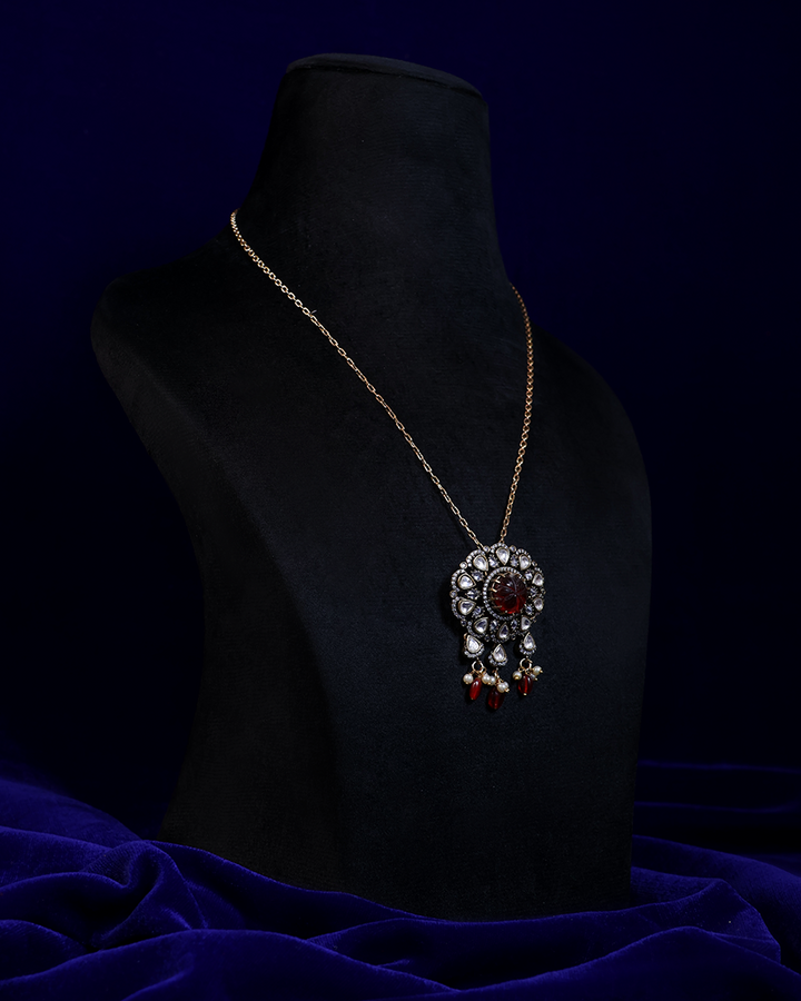 Antique Ruby Floral Necklace with Pearl Drops