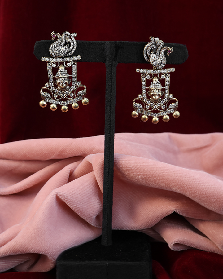 Antique Silver Thread Necklace Set with Golden Drop Detailing