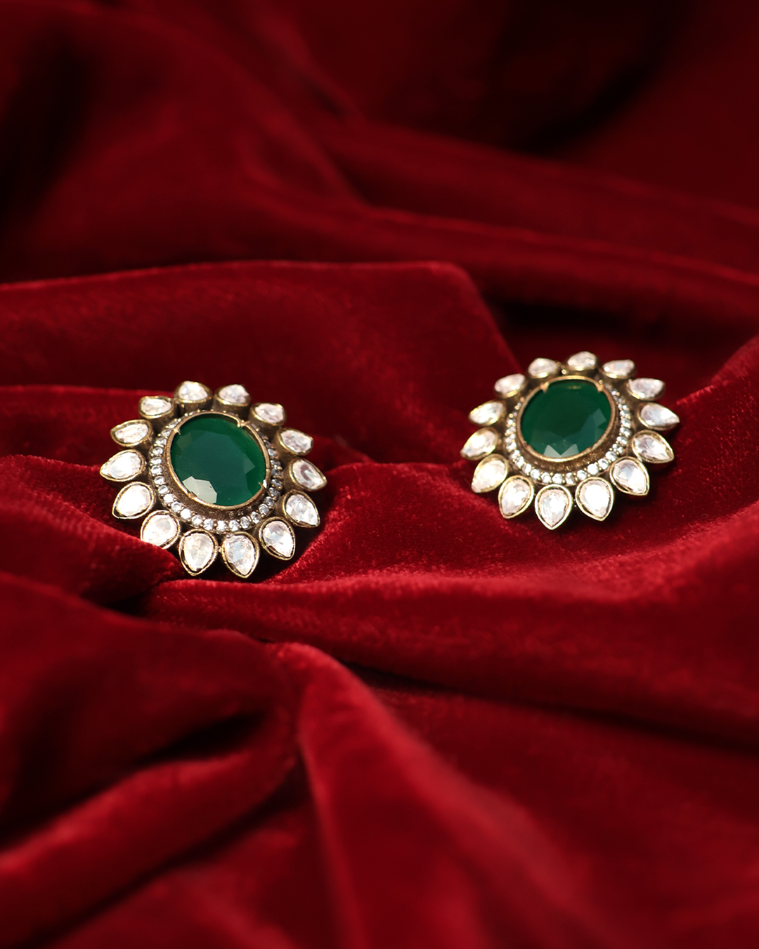 Emerald Green Studs with Kundan Petal Halo