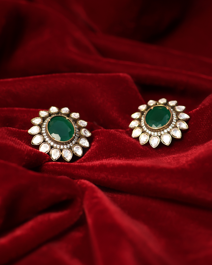 Emerald Green Studs with Kundan Petal Halo