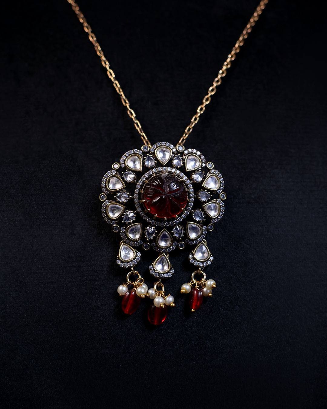 Antique Ruby Floral Necklace with Pearl Drops