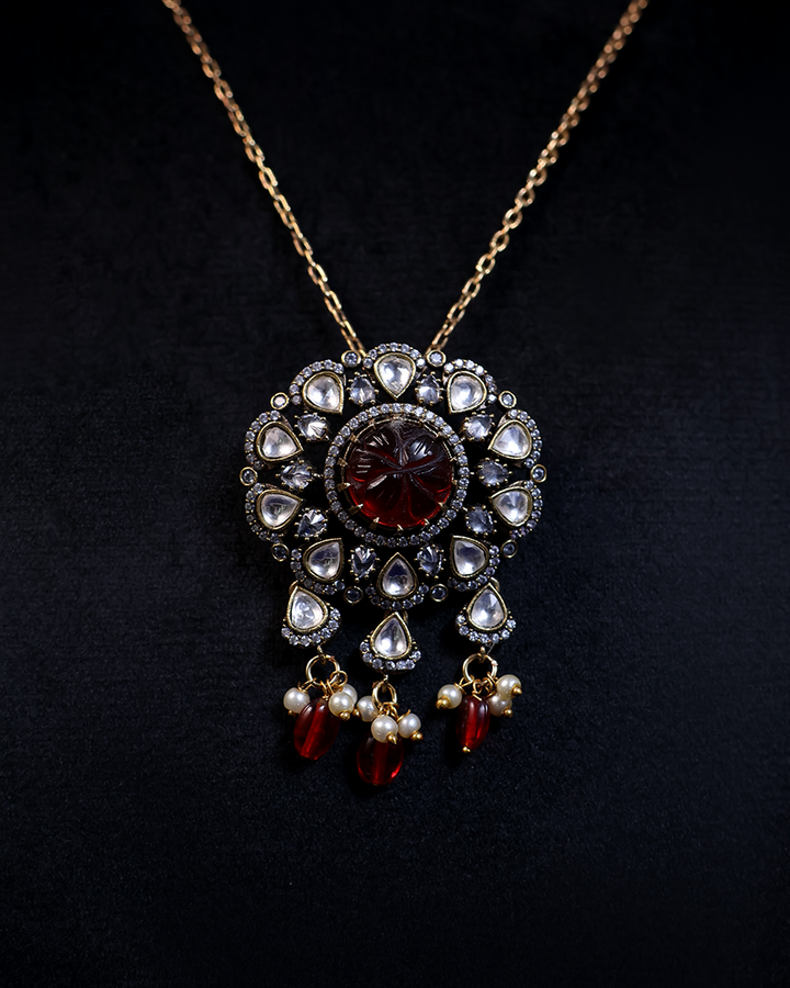 Antique Ruby Floral Necklace with Pearl Drops
