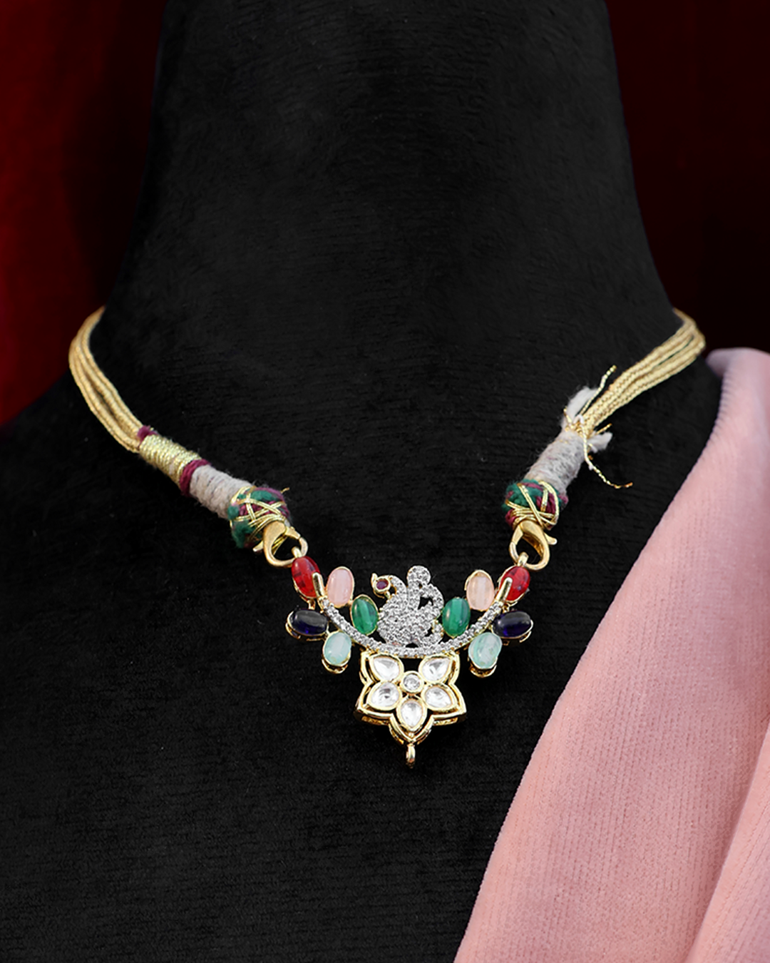 Peacock Navratna Thread Necklace
